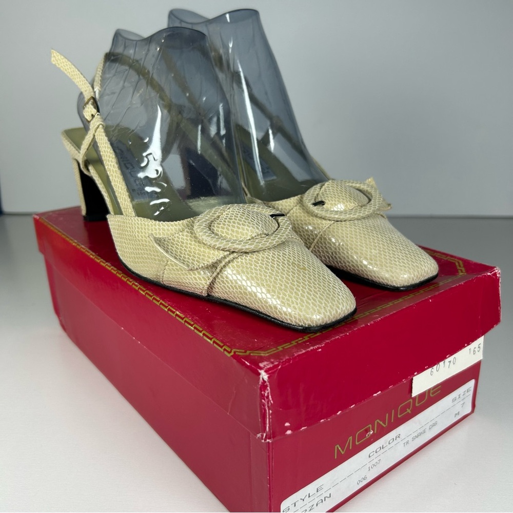 Monique Cream Snake Skin Square Toe Buckle Back Strap Heels Size 7 Made In Spain